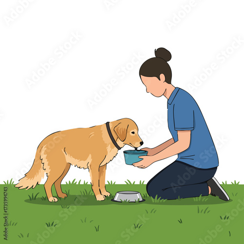 Woman feeding a golden retriever dog in the park.
