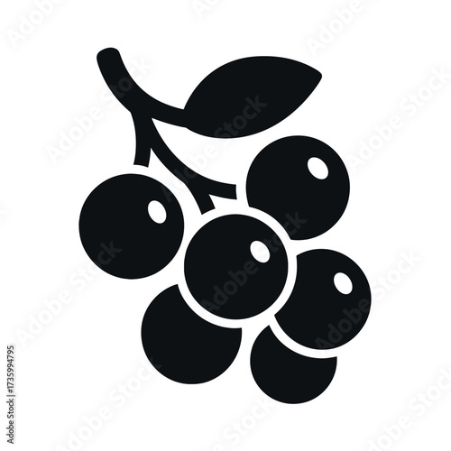 Black silhouette of a berry cluster with leaf on white background