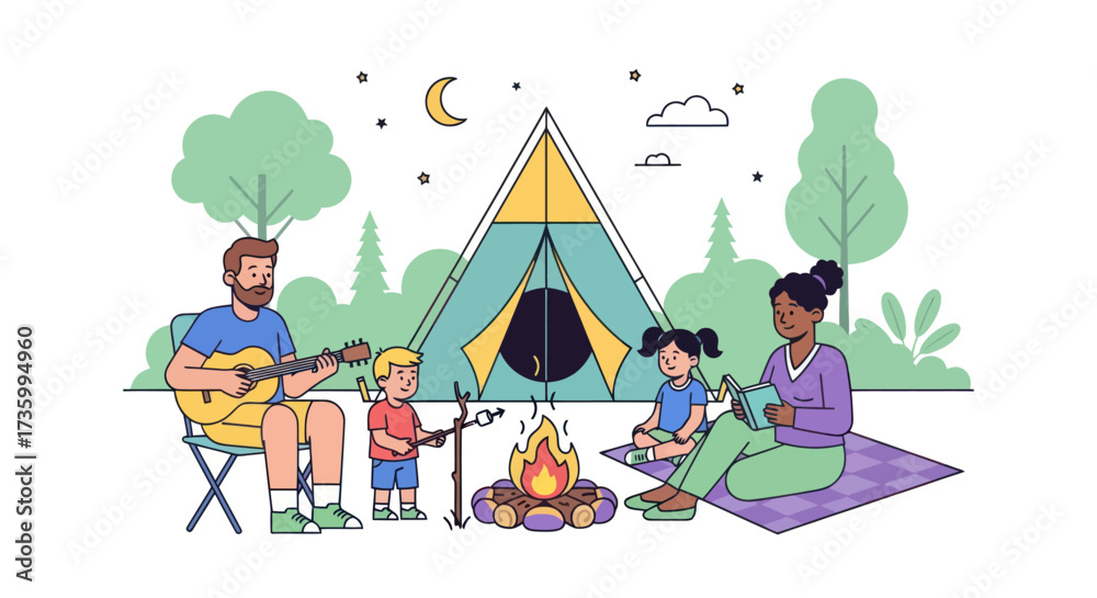Fototapeta premium Family Camping Trip Illustration with Tent Campfire Guitar and Forest Backdrop.
