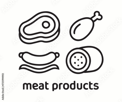A set of four black line icons representing various meat products: steak, chicken leg, sausage, and salami.