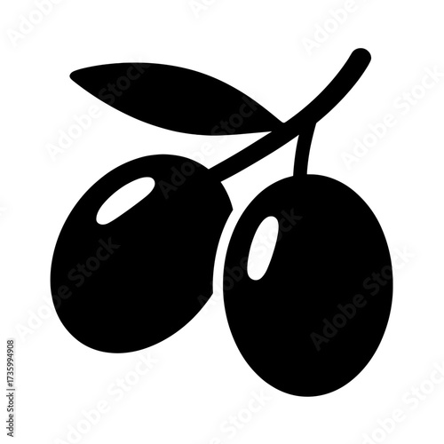 Black silhouette of olive branch with two olives on white background