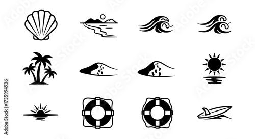Summer Beach Vacation Icons Set Sea, Sun, Surf & Sand