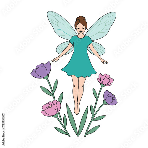 Cartoon fairy with translucent wings hovering above purple and pink flowers fantasy
