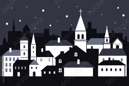 Nighttime Cityscape Houses, Church Spires, and Starry Sky Illustration