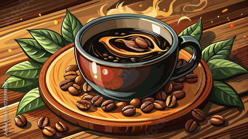 Very beautiful close up aromatic dark coffee in black ceramic cup on wood coaster, rustic still life composition, warm tones, inviting mood, artistic detail, perfect for cozy design inspiration.