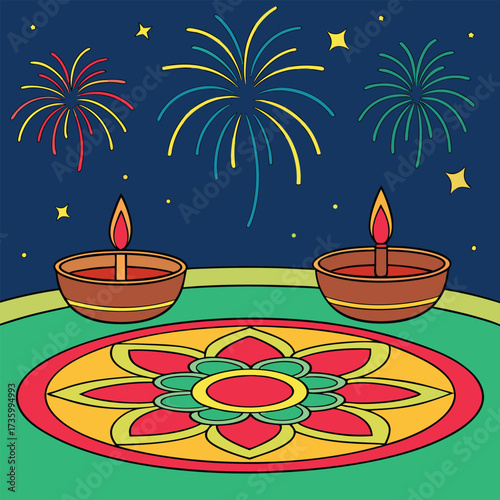 Diwali celebration with vibrant rangoli diya lamps and festive fireworks illuminating the night sky a symbol of light triumph