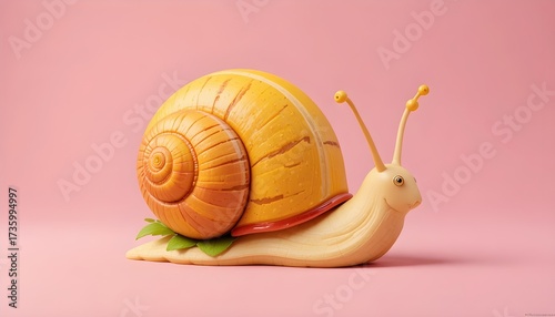 A charming snail figurine with a yellow shell and a whimsical design on a pink background