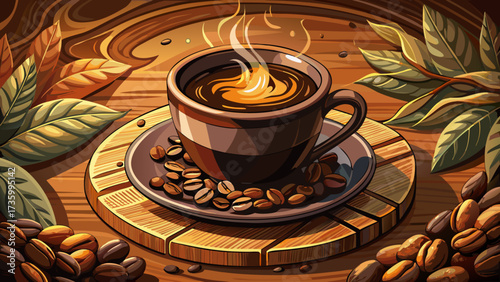 Very beautiful close up Aromatic Dark Coffee in Black Ceramic Cup on Wood Coaster, Rustic Still Life