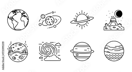 Vector illustration of planet and solar system in line art