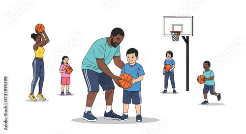 Basketball Training Session with Coach and Young Players on Court.
