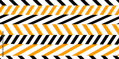 Seamless road stop pattern of warning tape with diagonal stripes. A dangerous background with black and yellow lines. Creative design. Fabric textile print. Surface cover wrapper design.