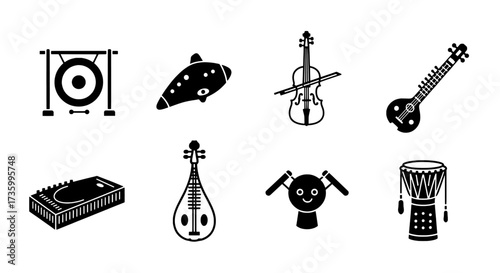 Collection of Musical Instruments Icons in Black and White