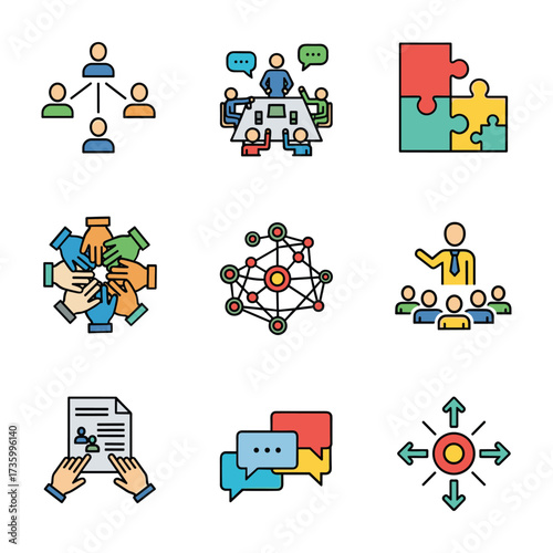 Collection of nine flat design icons representing business concepts and teamwork icon set collaboration