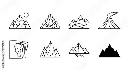 Collection of various mountain range icons in minimal style