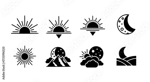 Monochrome line art sun and moon icons nature design symbols
