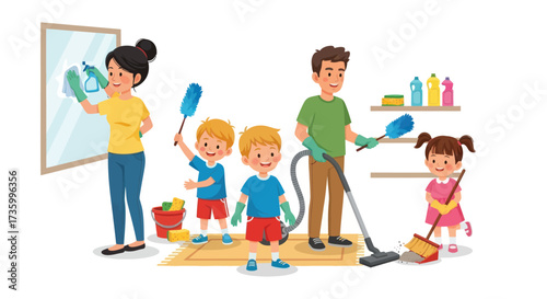 Family Cleaning Activity Illustration.