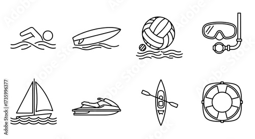 Water Sports Icons Swimming, Surfing, Volleyball, Snorkeling, Sailing, Jet Skiing, Kayaking, Lifebuoy
