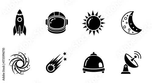 Space Exploration Icons Rocket, Astronaut, Sun, Moon, Comet, Black Hole, and Satellite