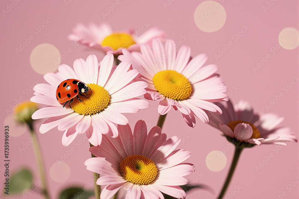 Fototapeta premium Pink daisies with ladybug against soft pastel background.