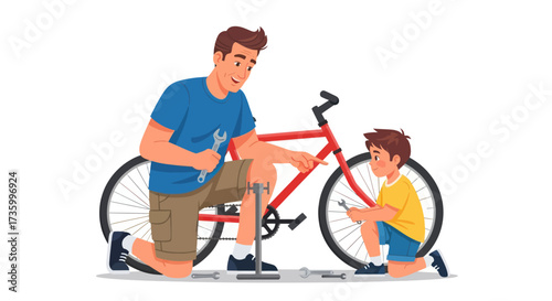 Father and Son Repairing Red Bicycle Together Learning.