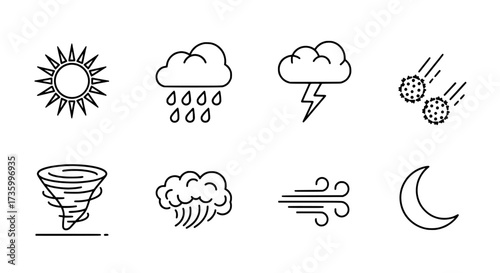 Weather Condition Icons Sun, Rain, Storm, Hail, Tornado, Wind, and Moon