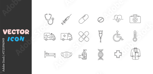 Hand drawn medical icons representing healthcare and medicine in a simple sketch style