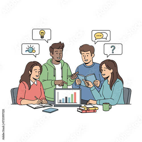 Four diverse people collaborating around a table with laptop and books collaboration teamwork