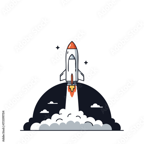 Rocket Launching Into Space with Clouds and Stars.