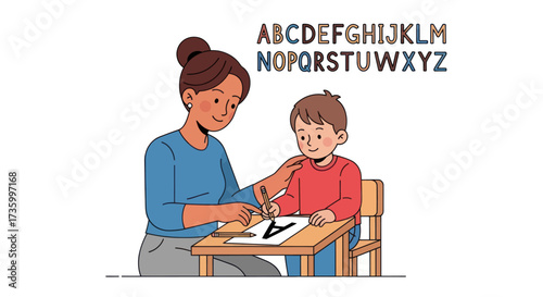 Woman teaching a child the alphabet writing the letter A on a desk.