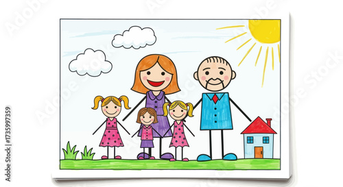 Childlike Drawing of a Happy Family with House Clouds and Sun.