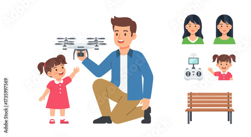 Smiling father and happy daughter playing with a small drone.