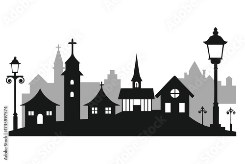 Silhouette of Small Town with Churches, Houses and Streetlights