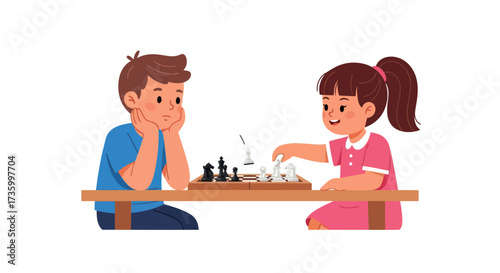 Young boy and girl playing chess strategic board game.