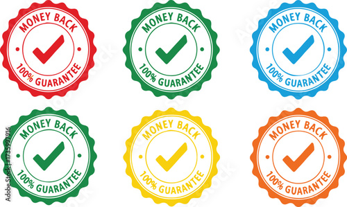 Money Back Guarantee Seals with Check Marks | Colorful Assurance Badges for Product Warranty, Customer Satisfaction, and Quality Assurance Marketing