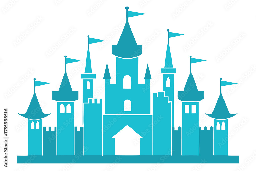 Naklejka premium Teal Cartoon Castle with Flags, Towers, and Turrets on a White Background