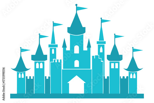 Teal Cartoon Castle with Flags, Towers, and Turrets on a White Background