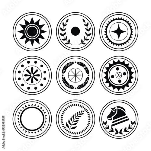 Collection of nine circular black and white coin-like designs featuring abstract symbols, laurels, geometric patterns,