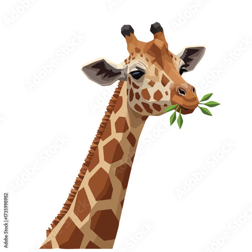 Close up of a giraffe eating leaves.