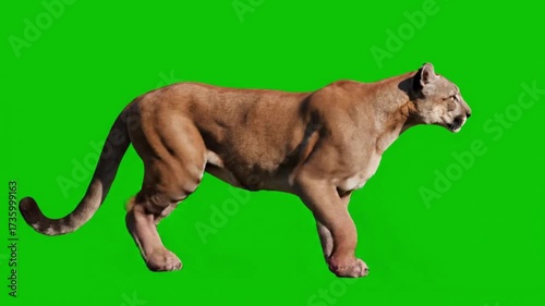 Powerful Mountain Lion Cougar Walking Seamless Loop 3D Animation on Green Screen for VFX and Chroma Key Compositing of North American Predator

