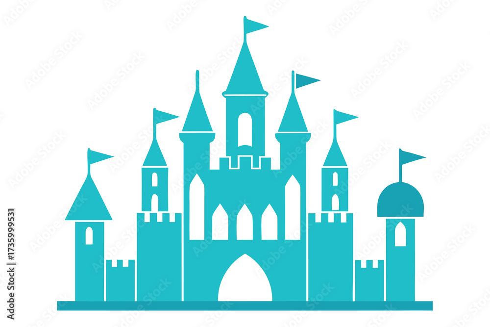 Fototapeta premium Turquoise Castle Silhouette Illustration with Towers, Flags, and Archways on a White Background
