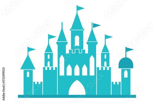 Turquoise Castle Silhouette Illustration with Towers, Flags, and Archways on a White Background