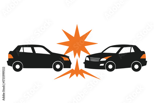 Two Black Cars Colliding HeadOn in an Illustration with Orange Impact Symbol