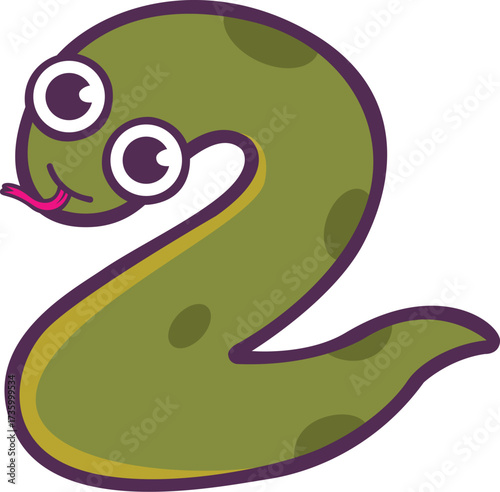 Cute green serpent character as the number two for children's education