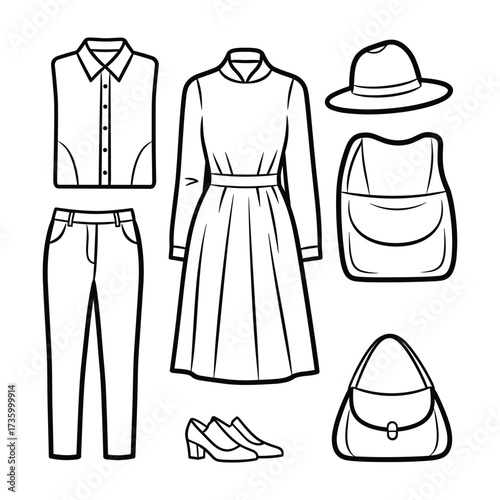 Black outline fashion outfit collection with dress pants shirt hat and handbags clothing