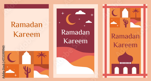 Set of Ramadan Kareem vector illustration in flat geometric style design for poster, greeting card, banner and cover в in beautiful desert colors

