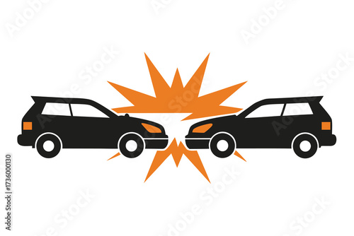 Two Black Cars Crashing HeadOn with Orange Explosion on a White Background