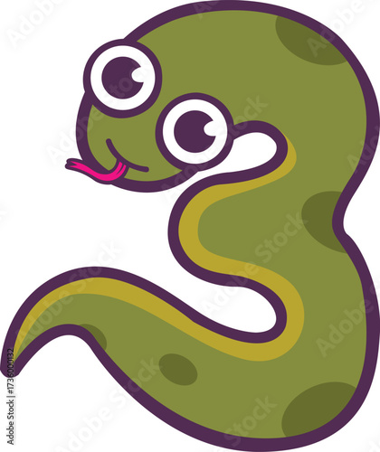 Funny cartoon reptile mascot shaped like the number three isolated