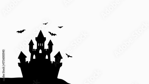 Spooky black Halloween castle silhouette with bats flying around for eerie seasonal designs