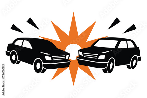 Two Black Cars Colliding with an Orange Starburst Impact Illustration