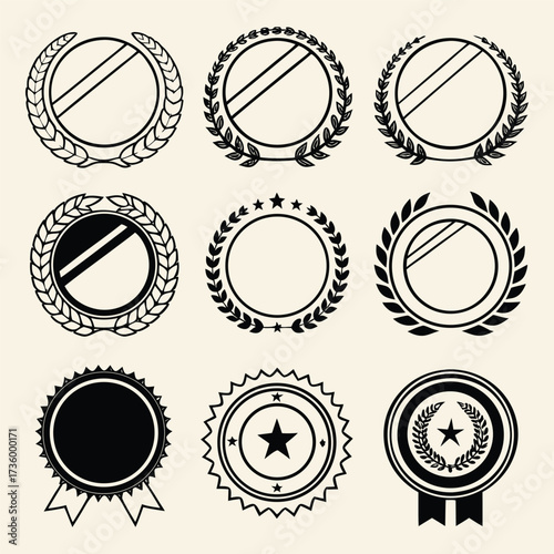 Collection of black vector award badges and laurel wreath emblems for certificate logo or honor design